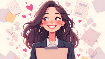 Happy woman with clipboard surrounded by hearts and paperwork, suggesting success and joy in work.