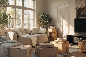Bright and airy living room filled with moving boxes during day, showcasing a warm ambiance of transition and change