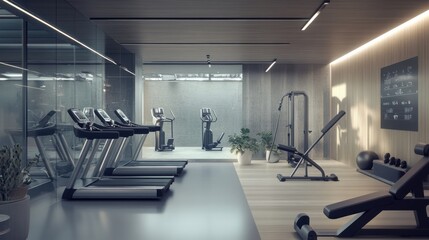 Fototapeta premium A sleek office gym featuring advanced exercise equipment,