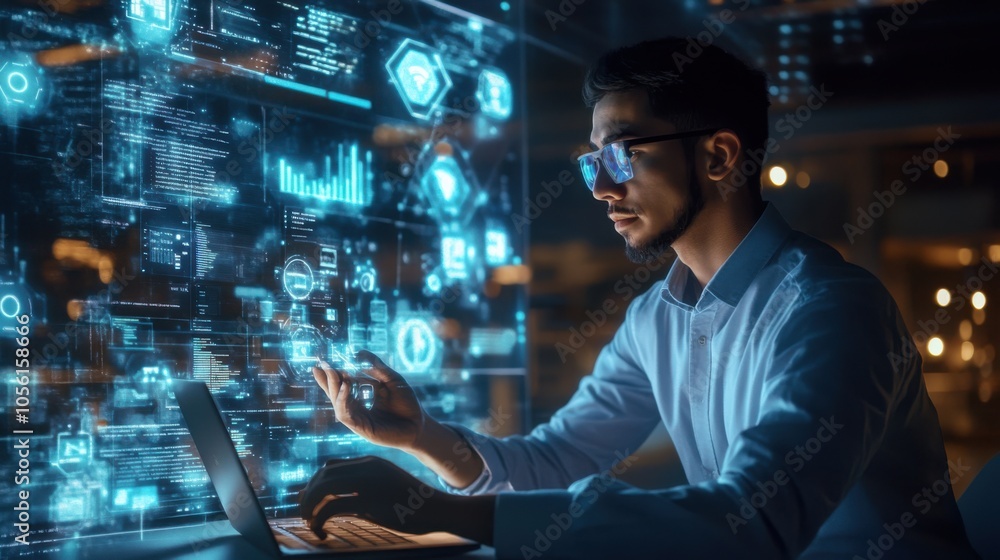 Poster a software engineer troubleshooting an issue on a laptop,