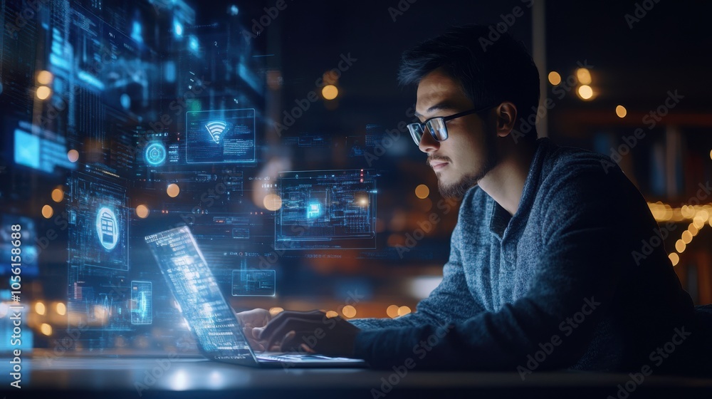 Poster a software engineer troubleshooting an issue on a laptop,