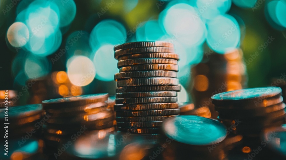 Poster stacked coins with glowing bokeh lights in the background