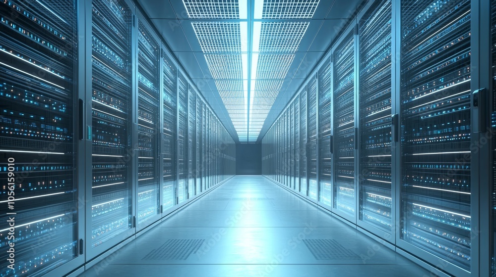 Poster modern data center with rows of glowing server racks