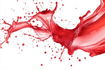 Dynamic red liquid splash with droplets against a white background, showcasing motion and vivid color in artistic expression