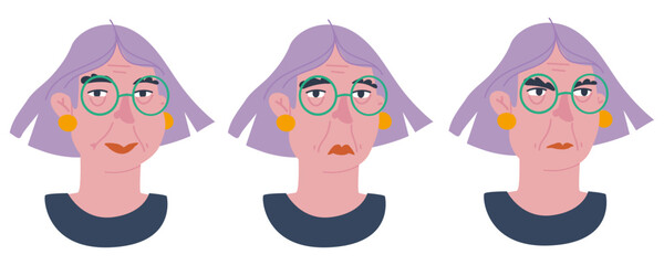 An elderly woman is a head with emotions. Set of woman emotions.  Grandmother. Flat vector illustration, eps10