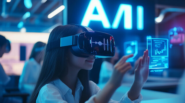 A woman wearing a VR headset interacts with a holographic display in a modern office setting - Powered by Adobe