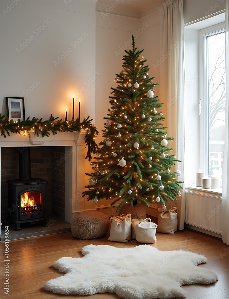 Poster Decorating the house for Christmas involves a tree and fireplace setup with empty white spaces around it.