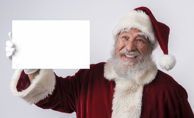 Naklejka premium Cheerful santa claus with a warm smile holding a white blank sign, inviting personalized holiday messages