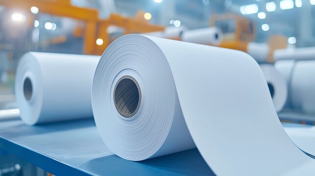A close-up of a roll of white paper in a manufacturing facility, showcasing the process of paper production and industry.