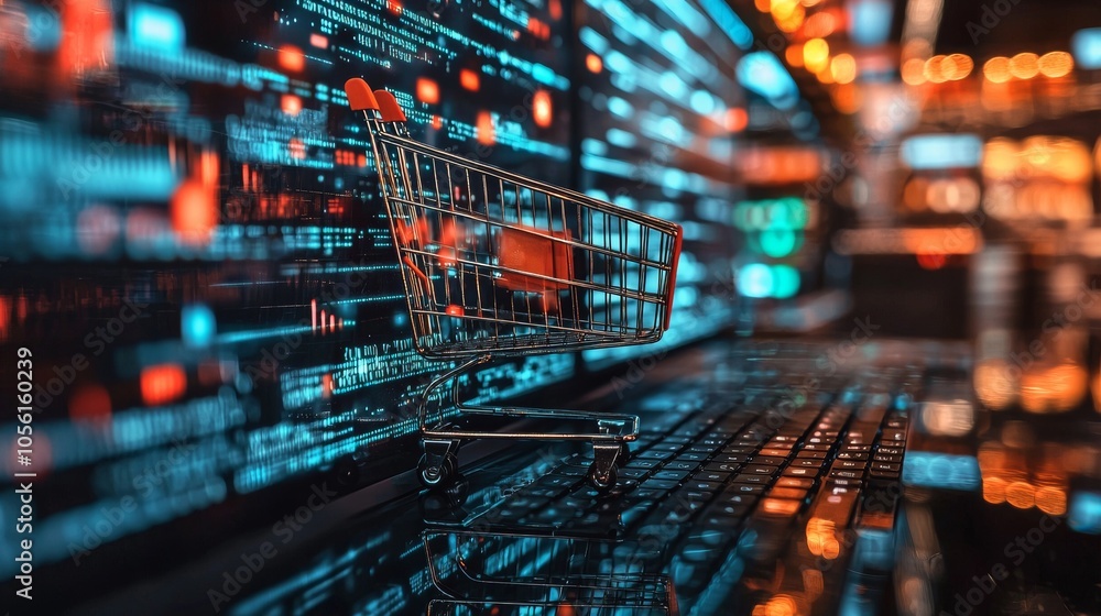 Aufkleber shopping cart on keyboard with digital data background