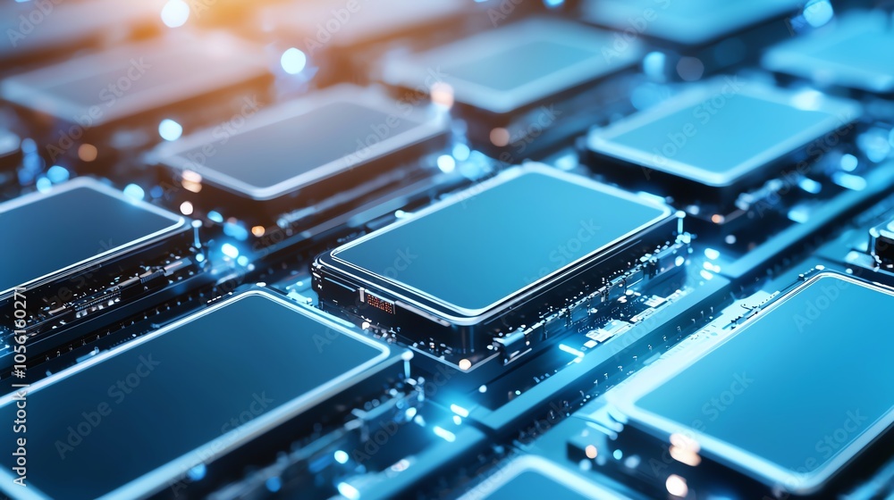 Poster close-up view of modern microchips on a circuit board, showcasing intricate design and technology in