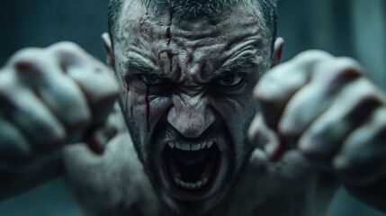 Intense fighter in a dimly lit room fiercely shouting and showing determination during a grueling training session