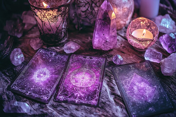 A mystical and enchanting setting with tarot card and magical crystals