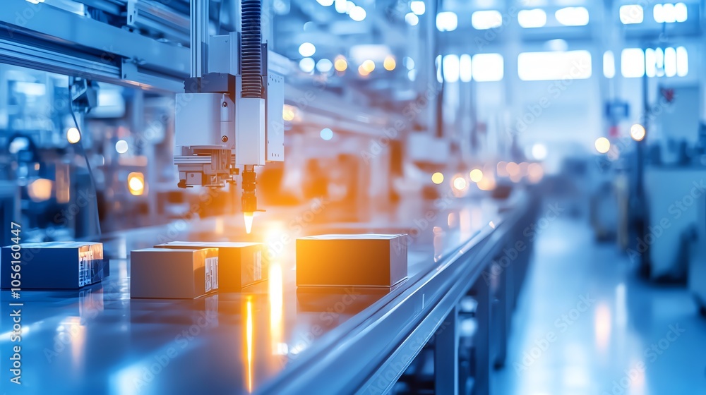 Poster high-tech automated manufacturing line with precision machinery and glowing production elements in a