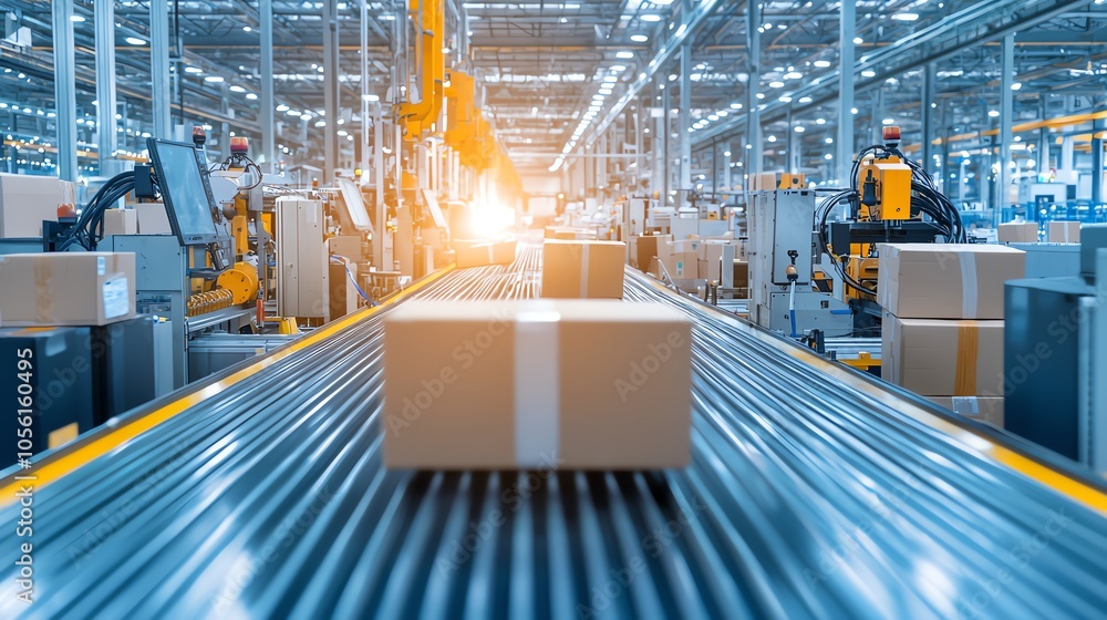 Poster automated warehouse with conveyor belt transporting boxes. advanced technology streamlines logistics