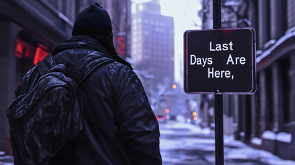 Person in a dark coat with a sign, "Last Days Are Here," against an urban setting.