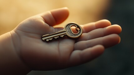 on a small child's palm lies a beautiful golden key, 