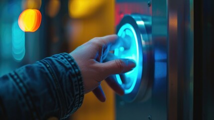 Hand turning glowing dial on technological control panel in vibrant light