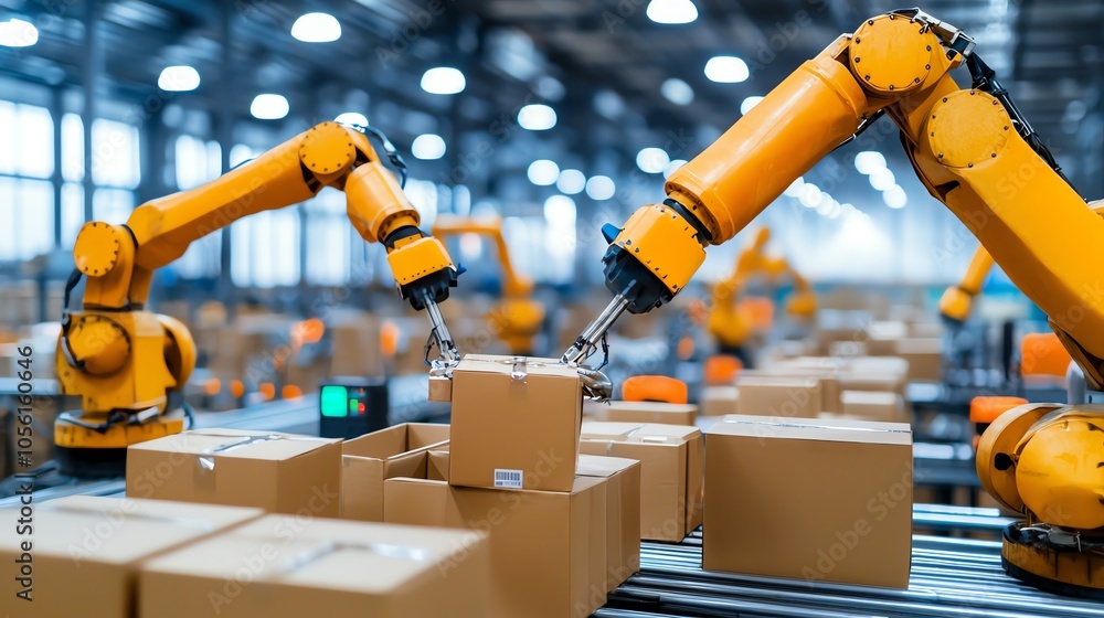 Poster advanced robots handling packages in a modern warehouse, showcasing automation and efficiency in log