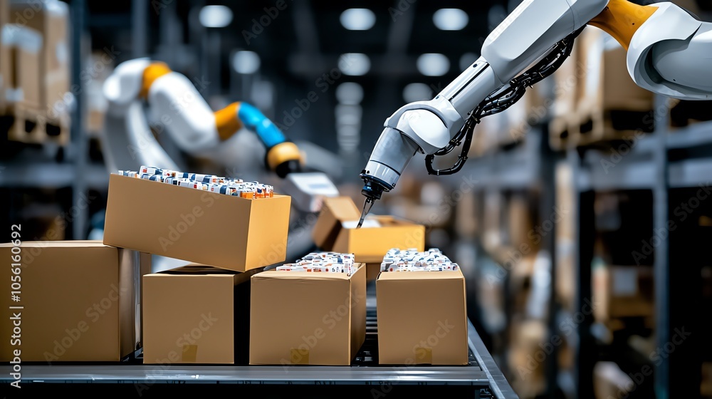 Poster advanced robotic technology streamlining package handling in a modern warehouse, enhancing efficienc