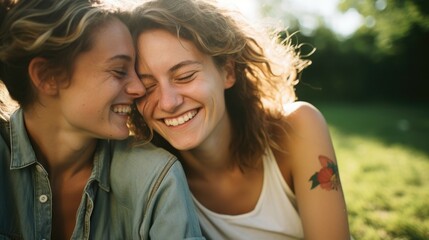 Obraz premium Joyful friendship: two happy women smiling outdoors in natural light Couple of women