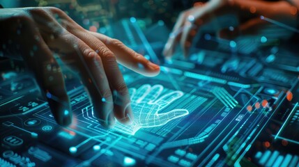 Futuristic touchscreen interface with holographic data visualization concept