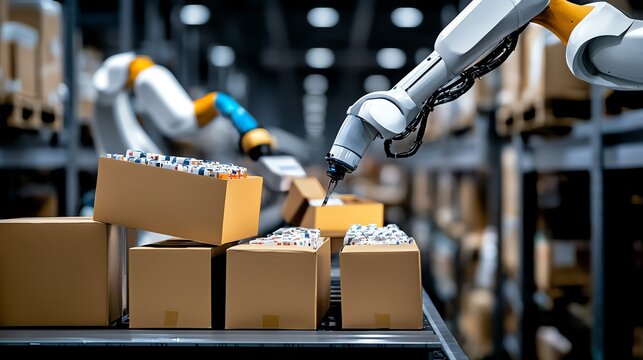 Advanced robotic technology streamlining package handling in a modern warehouse, enhancing efficiency and precision in logistics.
