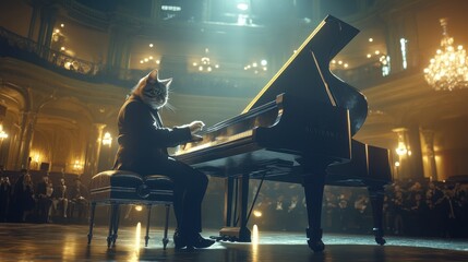 Fototapeta premium A cat playing the grand piano in a grand hall during a concert with an audience captivated by the performance
