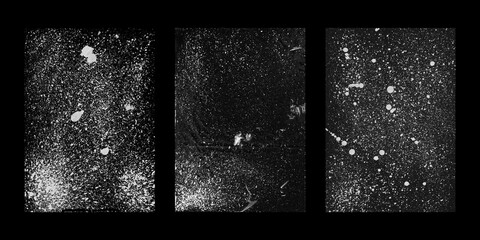 Grunge texture background. Weathered white stain on black backdrop. Abstract overlay graphic element. Scratched and distressed graphic element