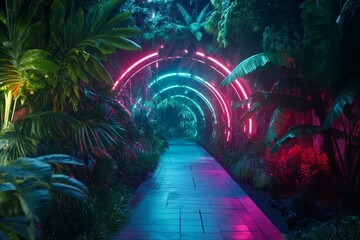 Futuristic jungle tunnel adorned with neon lights and tropical foliage  a biopunk visual delight
