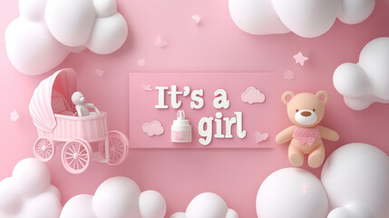 "This adorable baby shower invitation in 3D style features the phrase 'It's a Girl' in playful lettering. The horizontal banner is designed in pink, featuring a cartoon baby stroller, a mobile,
