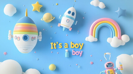 "This 3D-style baby shower banner features the lettering 'It's a Boy' in a playful blue design. The horizontal invitation includes a cartoon spaceship, a rainbow, a bottle with a pacifier, a rattle,