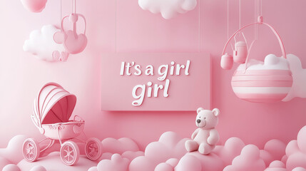 "This adorable baby shower invitation in 3D style features the phrase 'It's a Girl' in playful lettering. The horizontal banner is designed in pink, featuring a cartoon baby stroller, a mobile,