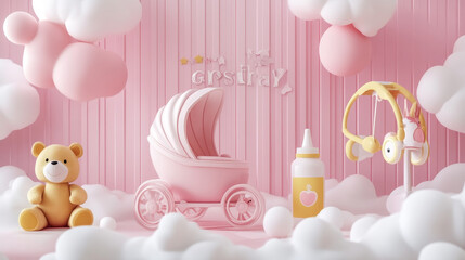 "This adorable baby shower invitation in 3D style features the phrase 'It's a Girl' in playful lettering. The horizontal banner is designed in pink, featuring a cartoon baby stroller, a mobile,