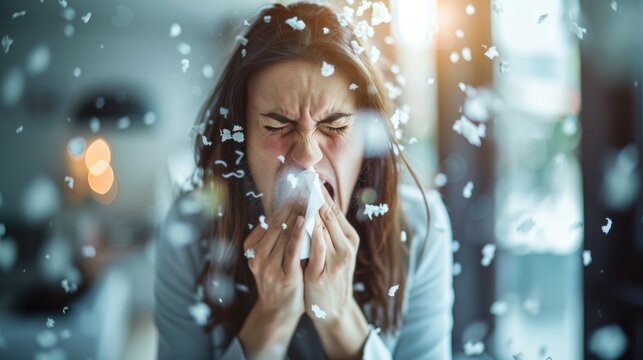Woman sneezing with tissue amidst floating particles in bright indoor setting - Powered by Adobe