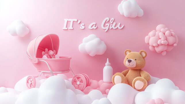 "This adorable baby shower invitation in 3D style features the phrase 'It's a Girl' in playful lettering. The horizontal banner is designed in pink, featuring a cartoon baby stroller, a mobile, - Powered by Adobe