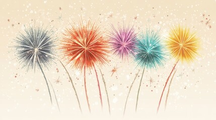 Colorful fireworks bursting across a calm beige backdrop,