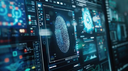 Digital fingerprint security interface on high-tech screen with data visualization