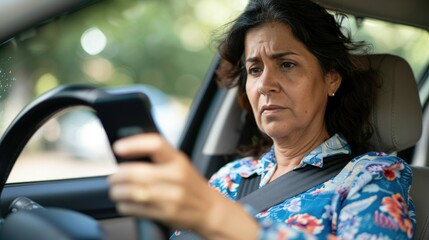 Concerned woman driving with smartphone in hand
