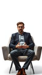 Male psychologist sitting in armchair on white background isolated with white highlights, png