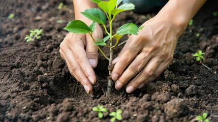 Hands planting seedling in fresh earth representing sustainability and growth
