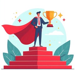 Fototapeta premium Flat, isolated illustration of a man proudly holding a trophy while standing on stairs. The design features clean lines and a confident pose, symbolizing success and achievement.