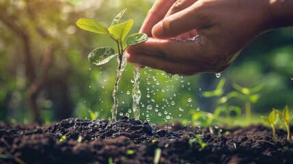 Nurturing nature: hands watering a young seedling in a sunlit garden