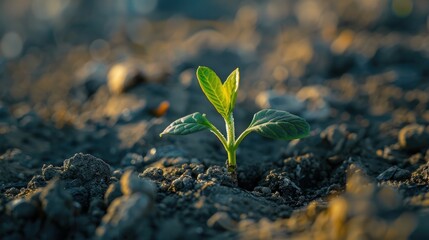 Young green plant sprouting in soil during early morning sunlight
