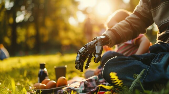Picnic in the park with futuristic robotic technology and family bonding under sunshine