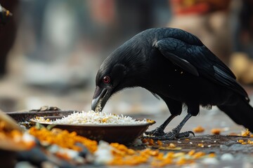 A crow consumes rice offerings during pitru paksha, symbolizing ancestral nourishment tradition