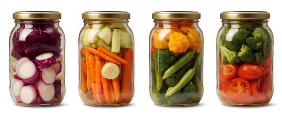Four glass jars filled with colorful pickled vegetables PNG, including carrots, cucumbers, green beans, and yellow peppers. Perfect for food preservation, canning, or showcasing homemade preserves.