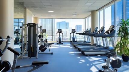 Office building gym filled with exercise equipment,