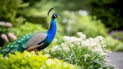 Obraz premium A majestic peacock perched atop a verdant field, surrounded by vibrant white and pink blossoms on a lush green plant