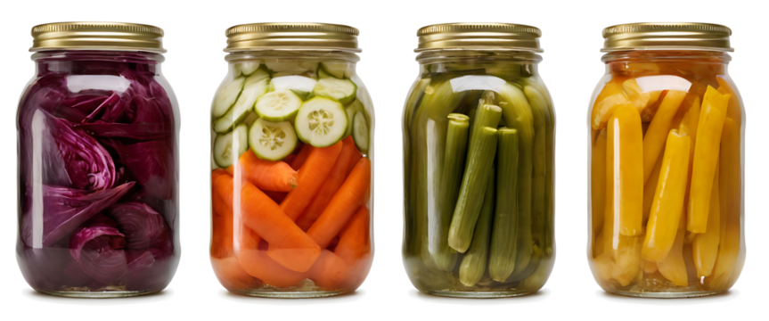 Four glass jars filled with colorful pickled vegetables PNG, including carrots, cucumbers, green beans, and yellow peppers. Perfect for food preservation, canning, or showcasing homemade preserves.